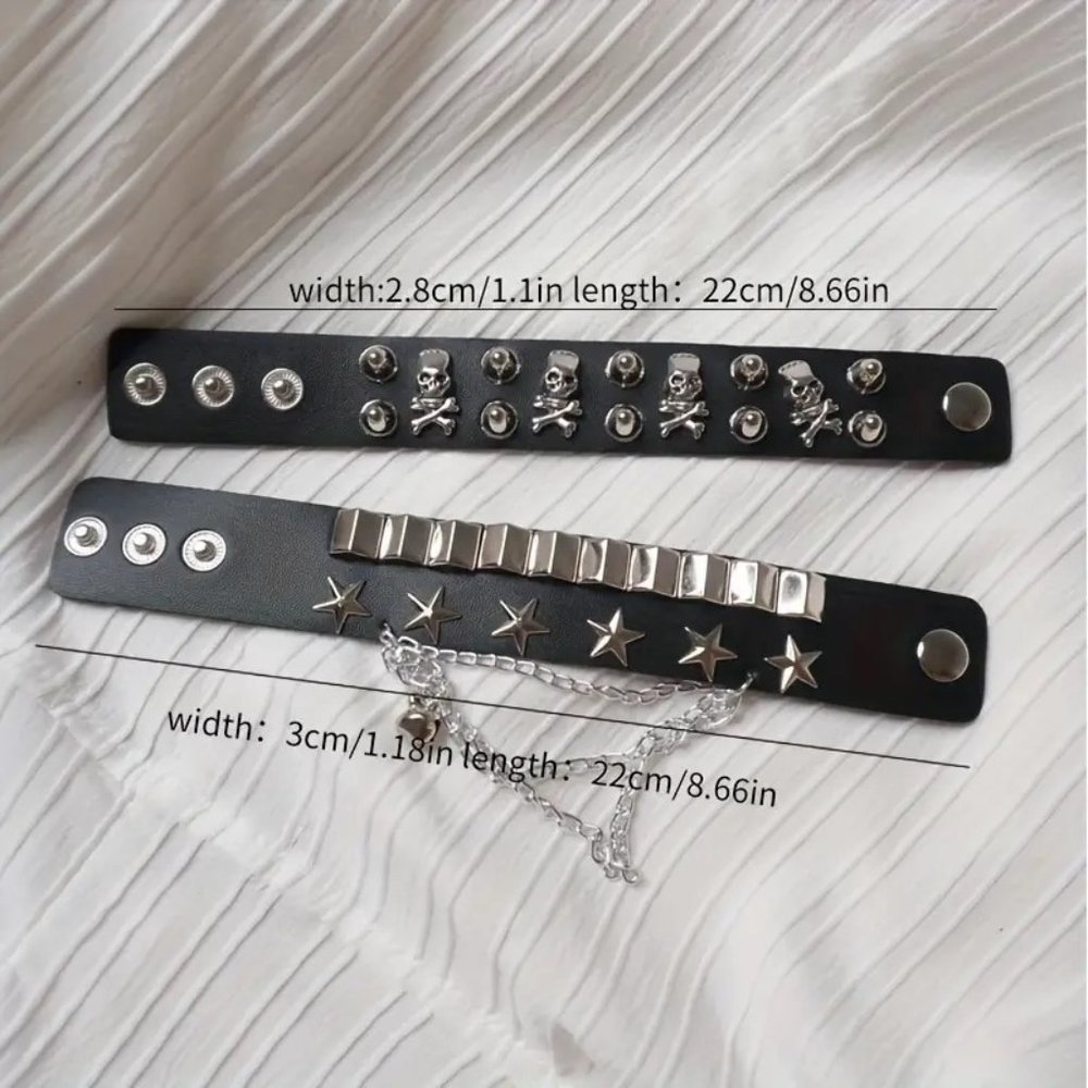 Leather Spike Cuff Bracelet Skull Bones Punk Edgy Rock Goth Scene Wrist Trendy - Picture 3 of 4